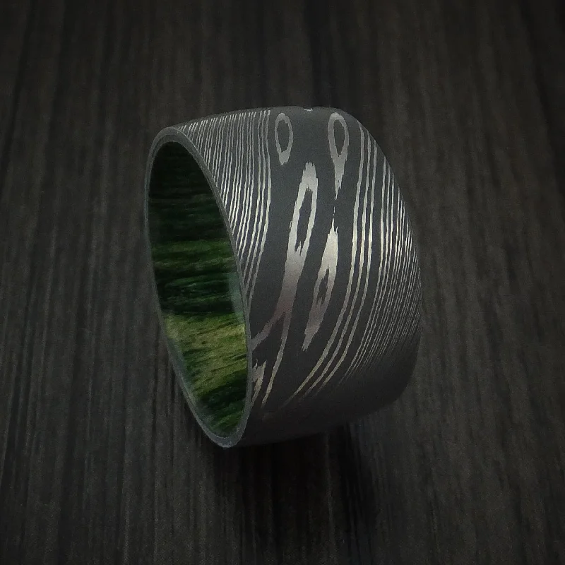 Damascus Steel Ultra Wide Band Custom Made Men's Ring with Jade Wood Sleeve