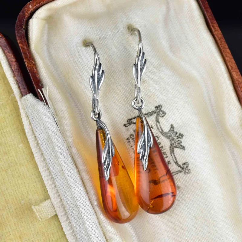 Delicate filigree rings-Agate earrings-Arts and Crafts Style Silver Leaf Amber Cabochon Drop Earrings