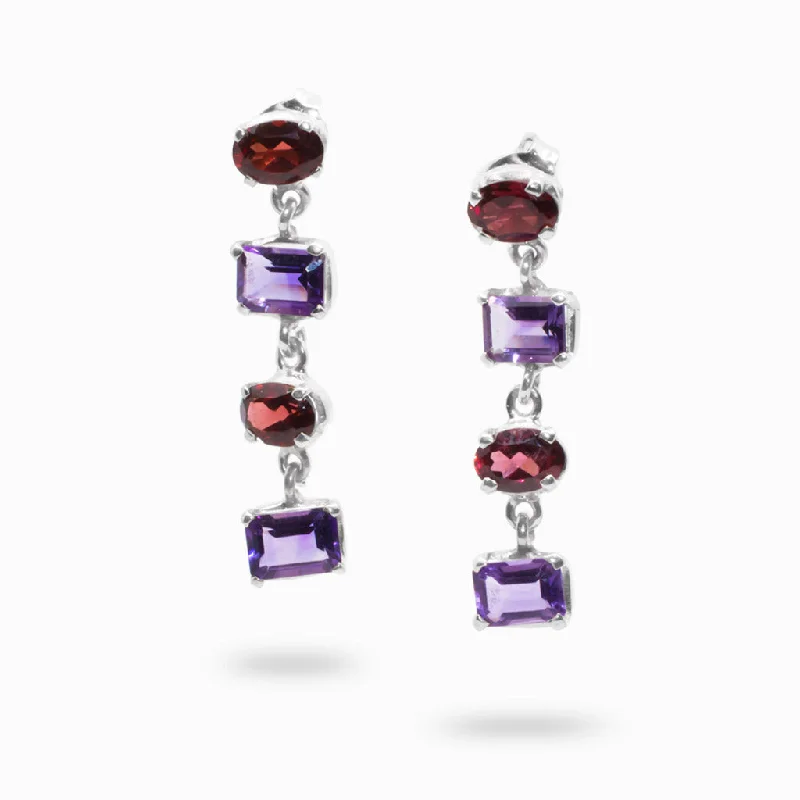 Thin stack rings-Thick tier earrings-Amethyst and Garnet Drop Earrings