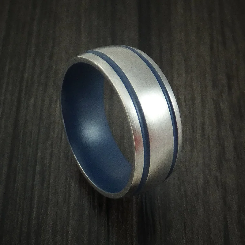 Titanium Men's Ring with Civil Defense Blue Cerakote Grooves and Sleeve Custom Made Band