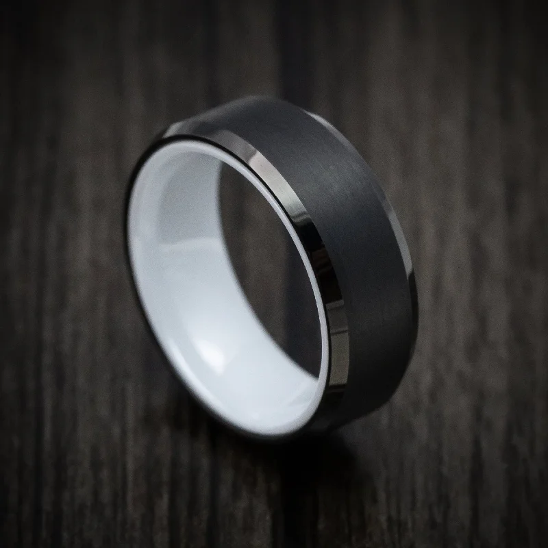 Black Tungsten Men's Ring with White Ceramic Sleeve Custom Made Band