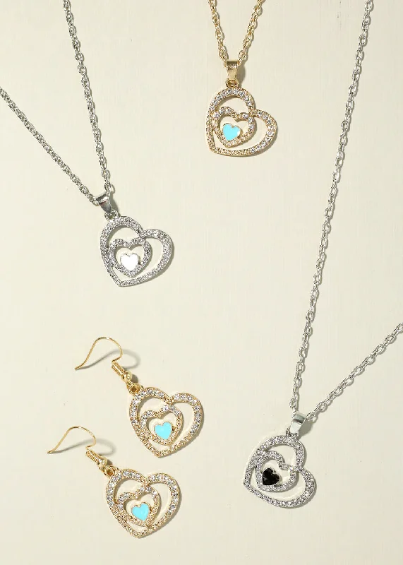 Sleek name rings-Heavy hoop earrings-Double Heart Necklace with Earrings