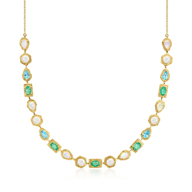 Bali style necklaces-Ross-Simons Opal and 4.5-5mm Cultured Pearl Necklace With Emerald and Swiss Blue Topaz in 18kt Gold Over Sterling