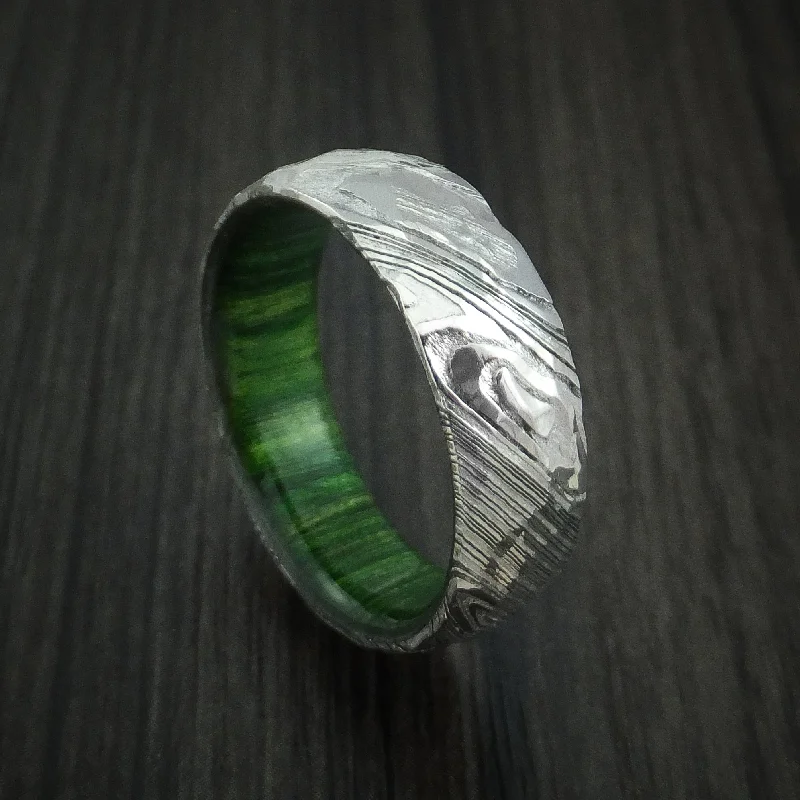 Kuro Damascus Steel Rock Hammer Men's Ring with Jade Wood Sleeve Custom Made