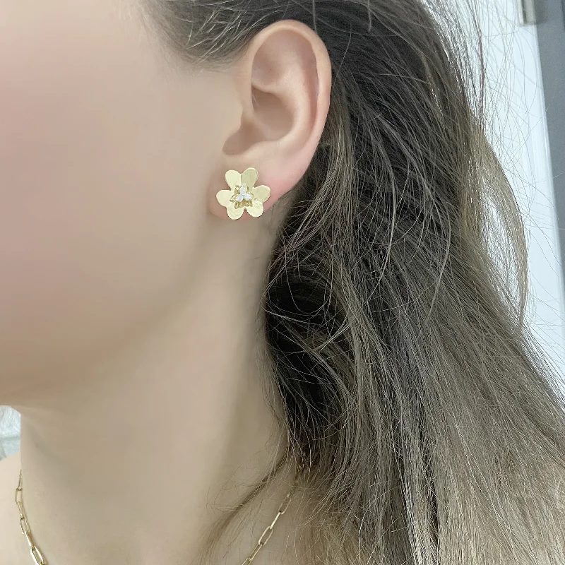 Fine triangle earrings-Yarn tassel earrings-14K GOLD LARGE BELLA FLOWER STUDS