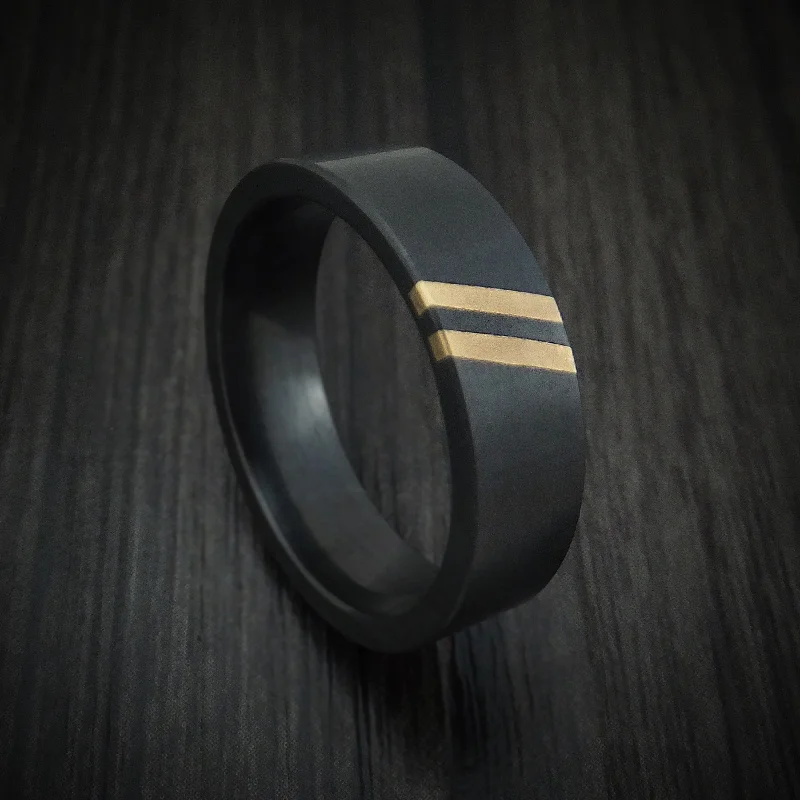 Black Zirconium Men's Ring with Double Angled 14K Gold Inlays Custom Made