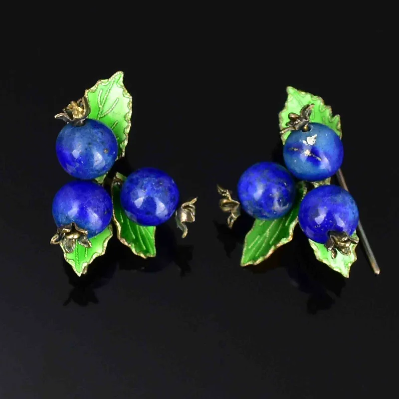 Leaf carved rings-Shiny star earrings-Vintage Sterling Silver Lapis Lazuli Blueberry Enamel Earrings