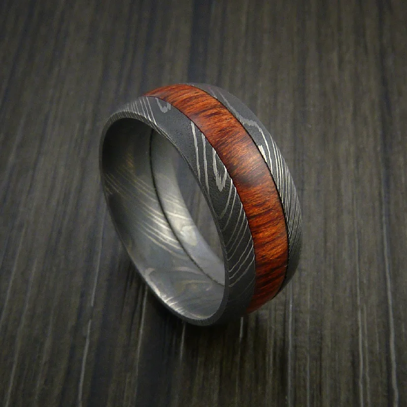 Damascus Steel Men's Ring with Wood Inlay Custom Made Wedding Band