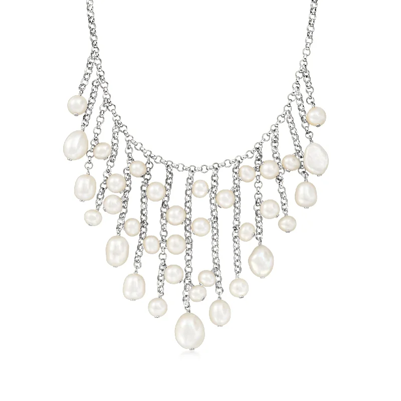 Full bib necklaces-Ross-Simons 5.5-10.5mm Cultured Pearl Fringe Necklace in Sterling Silver