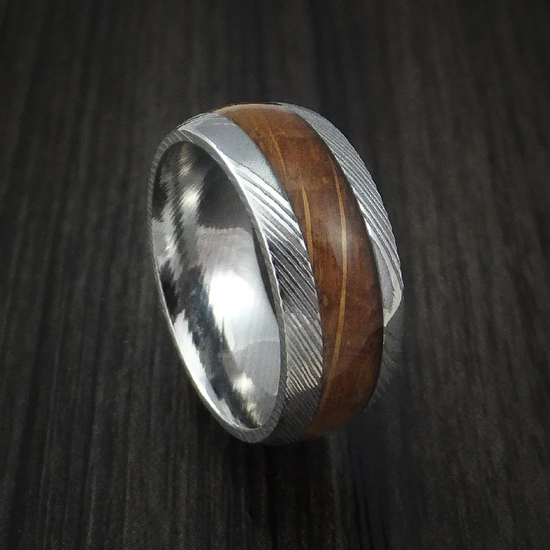 Damascus Steel Men's Ring with Hardwood Inlay Custom Made