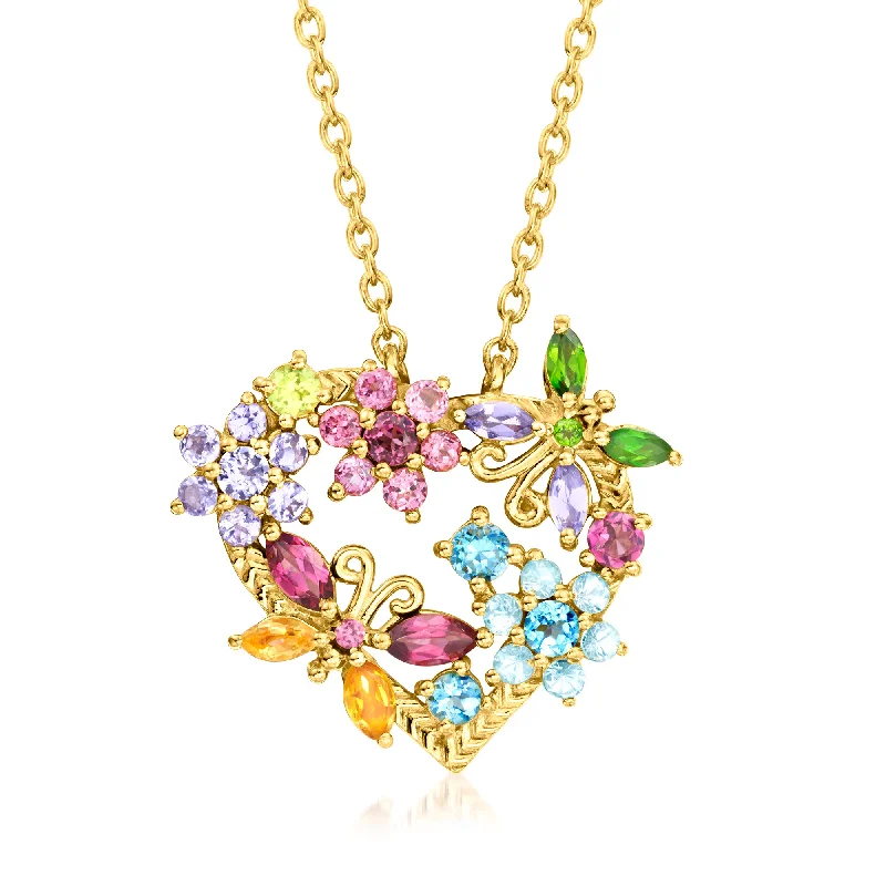 Sleek name necklaces-Ross-Simons Multi-Gemstone Flower and Butterfly Heart Pendant Necklace in 18kt Gold Over Sterling