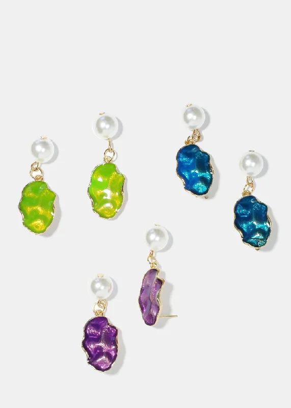 Cord edge rings-Fine bead earrings-Pearl & Colorful Textured Dangle Earrings