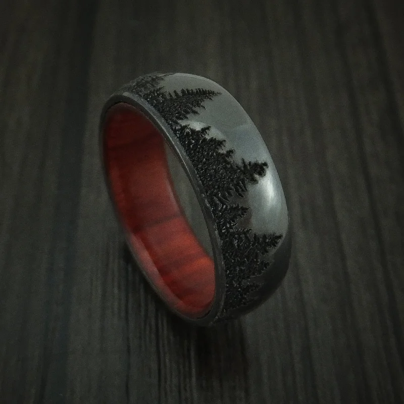 Black Zirconium Men's Ring with Spruce Pine Tree Design and Hardwood Sleeve Custom Made Band