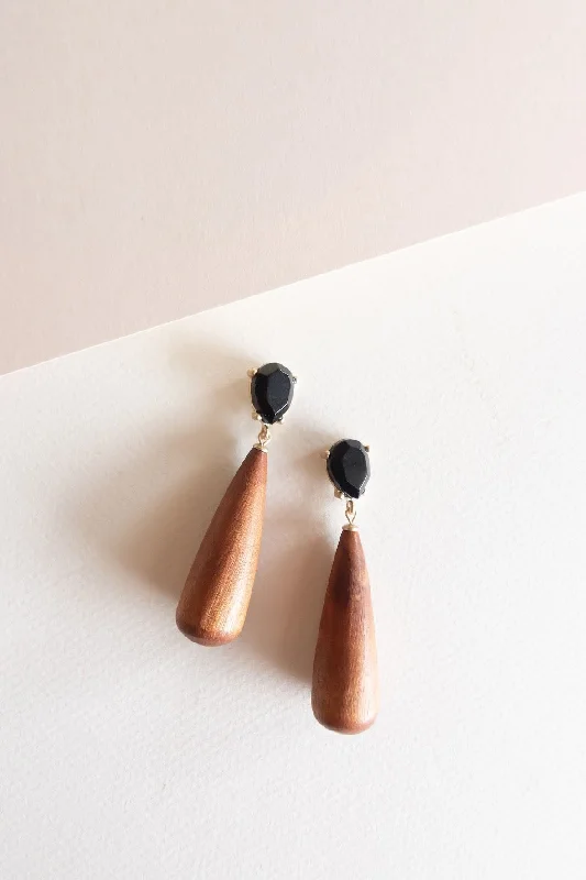 Yarn tassel earrings-Yarn fringe earrings-Annabelle Wood Dangle | Black Gem Boho Earring