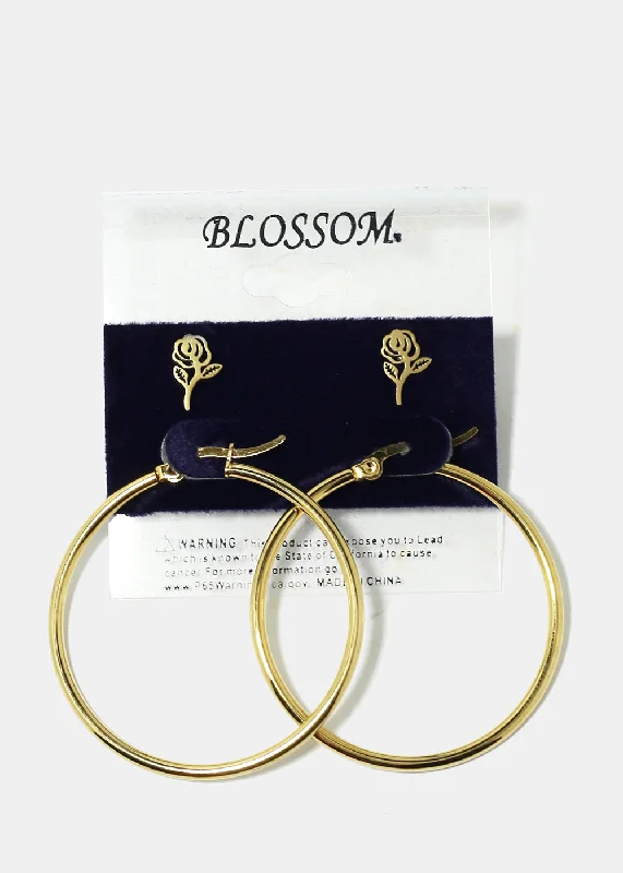 Sleek name rings-Bamboo style earrings-2-Pair Flower & Hoop Earrings