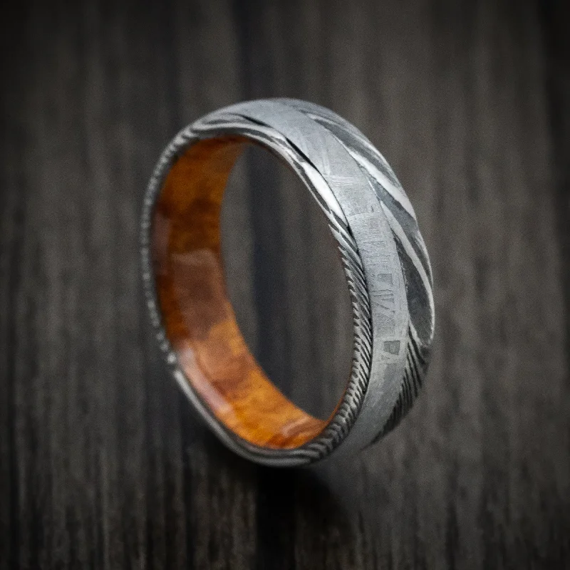 Kuro Damascus Steel Men's Ring with Meteorite and Wood Sleeve