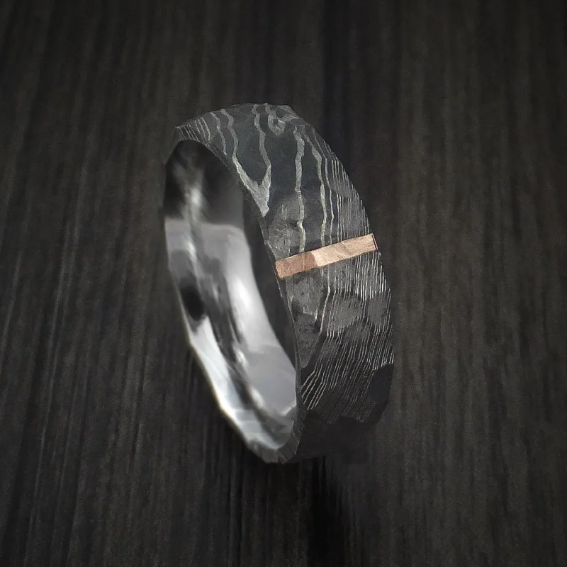 Damascus Steel Men's Ring with Rock Hammer Finish and Vertical 14k Rose Gold Inlay Custom Made Band