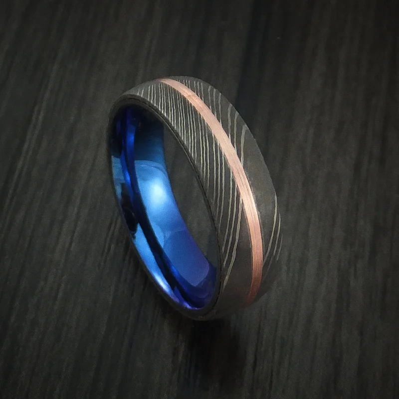 Damascus Steel Men's Ring with Copper Inlay and Anodized Titanium Interior Sleeve Custom Made Band