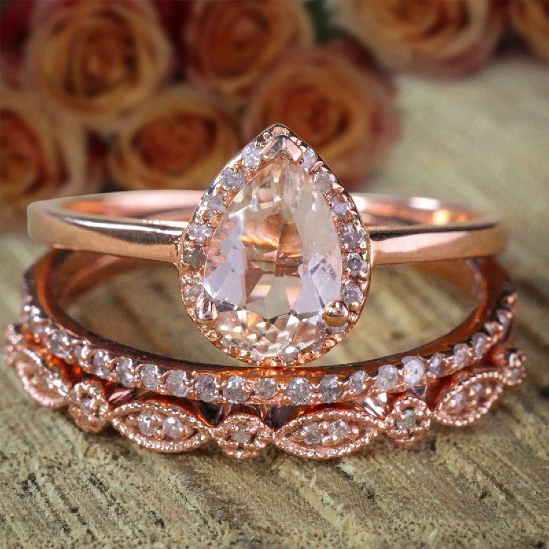 Sale 2.25 Carat Pear Shape Morganite And Diamond Moissanite Halo Trio Bridal Wedding Ring Set on 10k Rose Gold