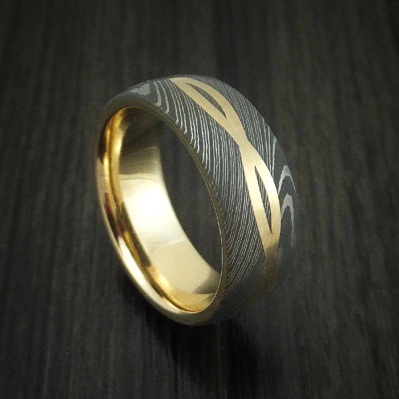 Damascus Steel 14K Yellow Gold Celtic Knot Men's Ring Infinity Design with Sleeve Wedding Band