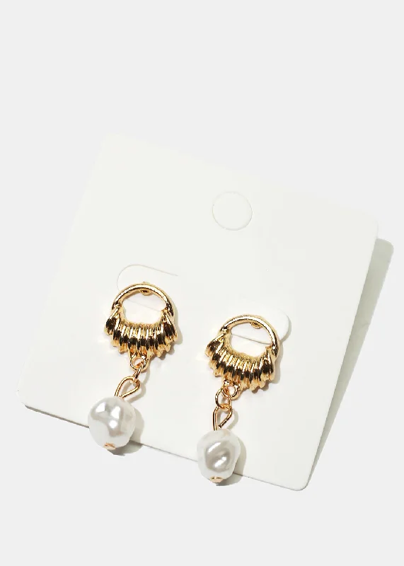 Fine bead earrings-Thick statement earrings-Metal & Pearl Dangle Earrings