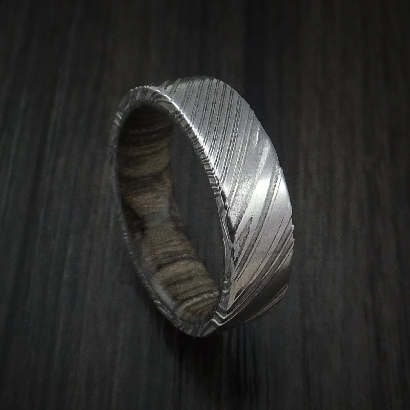 Kuro Damascus Steel Men's Ring with Walnut Hardwood Sleeve Custom Made Wood Band