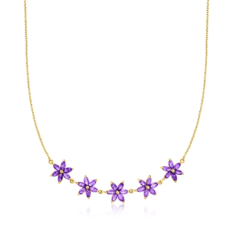 Bamboo weave necklaces-Ross-Simons Amethyst Flower Necklace in 18kt Gold Over Sterling