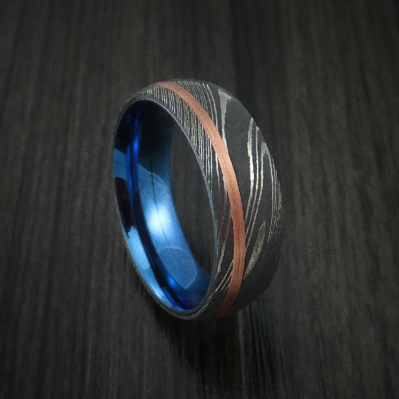 Damascus Steel Men's Ring with Copper Inlay and Anodized Titanium Interior Sleeve Custom Made Band