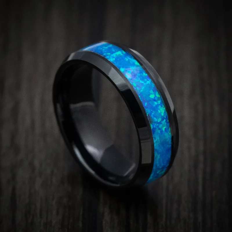 Black Tungsten Men's Ring with Opal Inlay