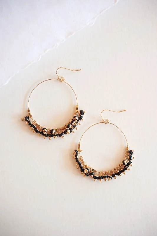 Retro style earrings-Hawk feather earrings-Aria Gold Boho Earrings | Delicate Black Beaded Hoops