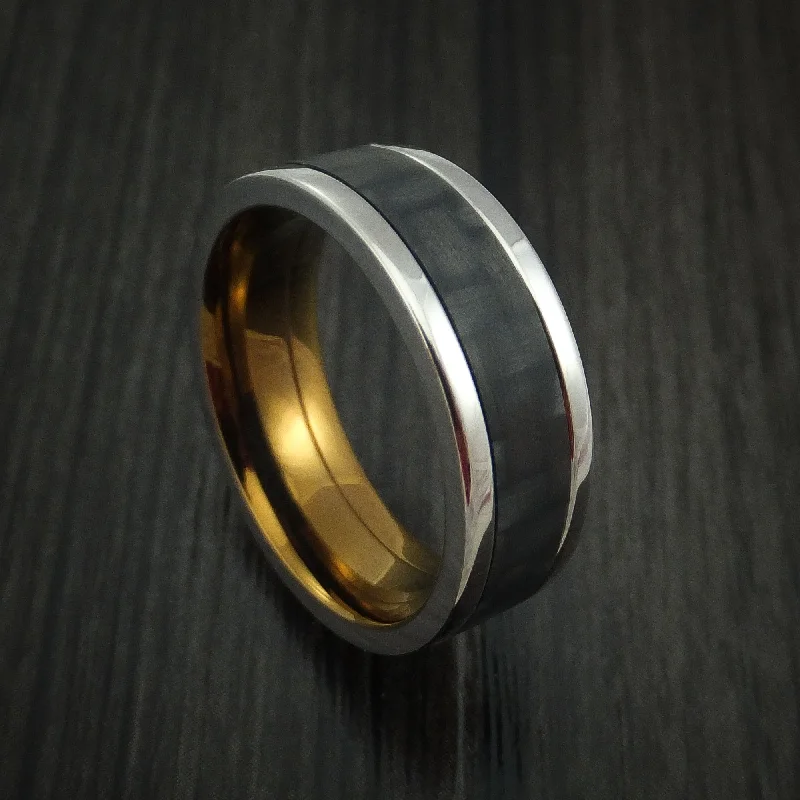 Titanium Men's Ring with Carbon Fiber Inlay with Weave Pattern and Anodized Interior