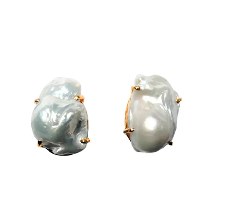 Tide shape earrings-Aged brass earrings-White Keshi Pearl