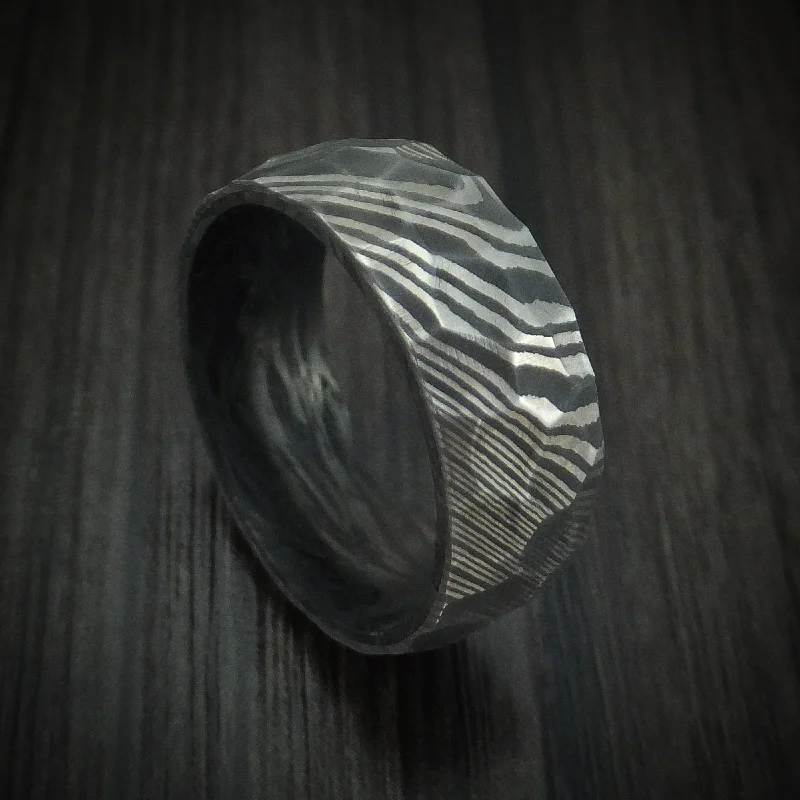 Damascus Steel Hammered Men's Ring with Forged Carbon Fiber Sleeve Custom Made