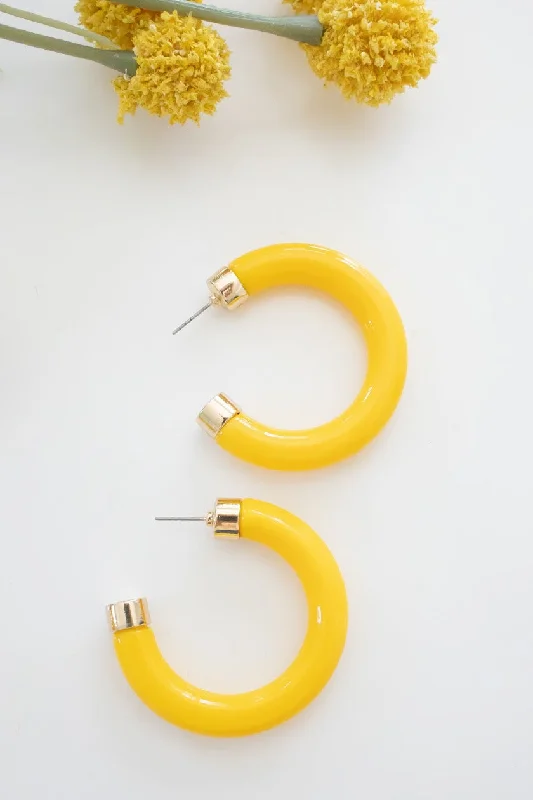 Light wood rings-Soft cord earrings-Donna Canary Yellow Hoop Earrings | Retro Resin Lucite Hoops | Colorful Minimalist Hoops