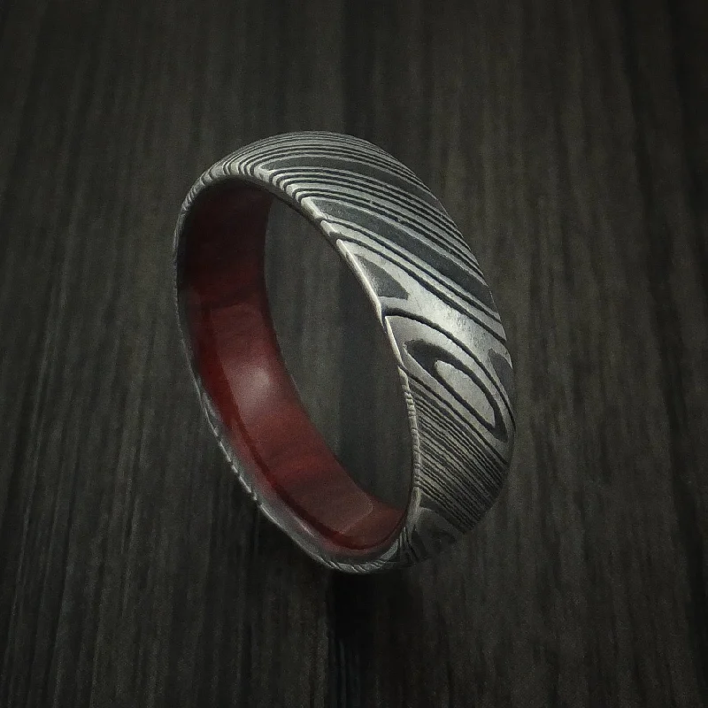 Kuro Damascus Steel Men's Ring with Red Heart Wood Hardwood Sleeve Custom Made Wood Band