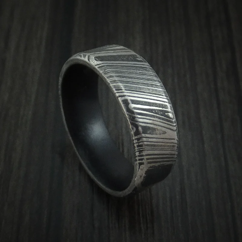 Kuro Damascus Steel Men's Ring with Dark Grey Cerakote Sleeve Custom Made Band