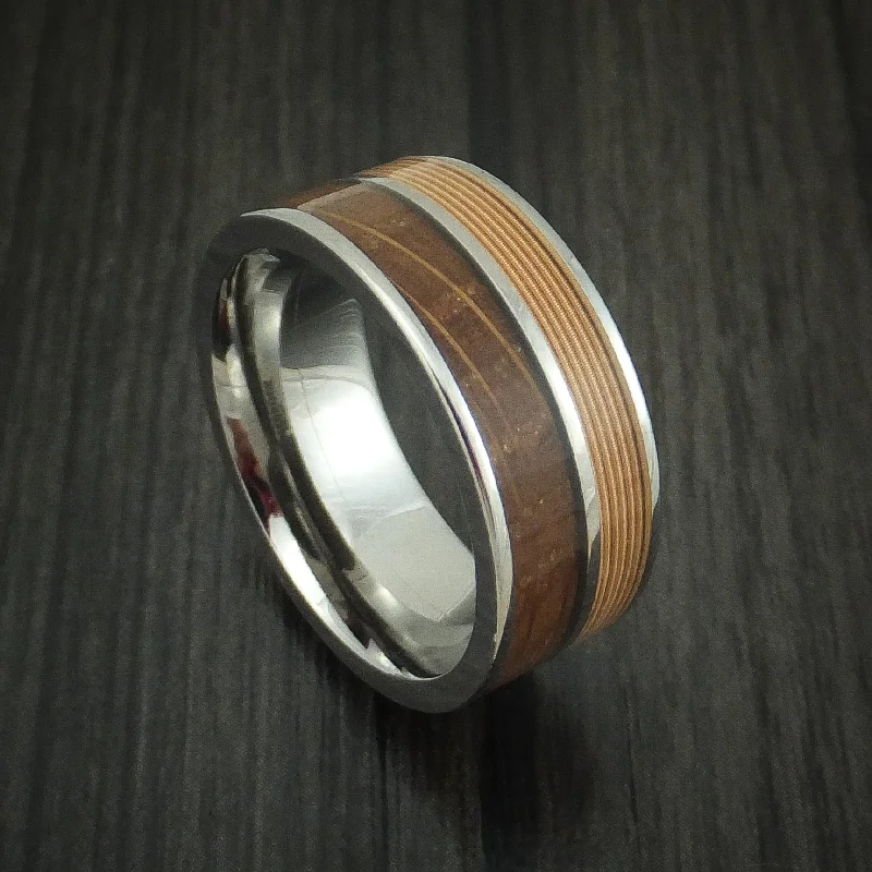 Titanium Men's Ring with Guitar String and Whiskey Barrel Wood Inlays Custom Made Band