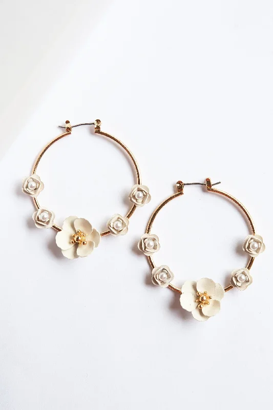 Agate rings-Fine triangle earrings-Aimee Cream Floral Hoop Earrings | Feminine Spring Summer Accessories | Special Occasion Earrings