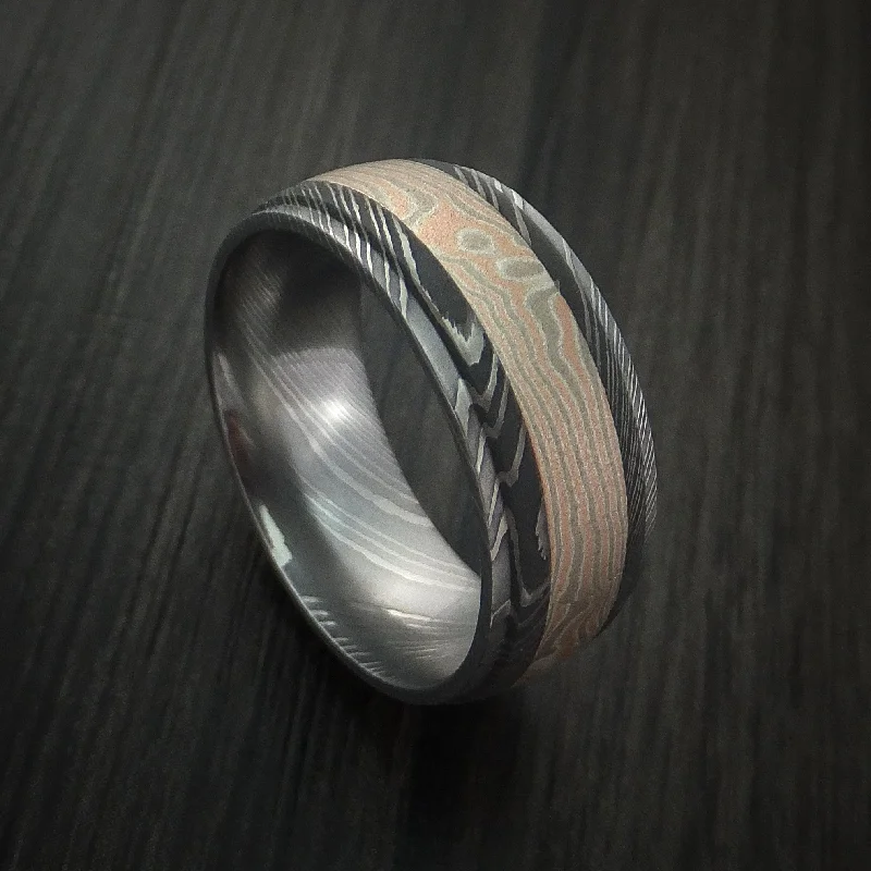 Damascus Steel Men's Ring with Mokume Gane Inlay Custom Made Band