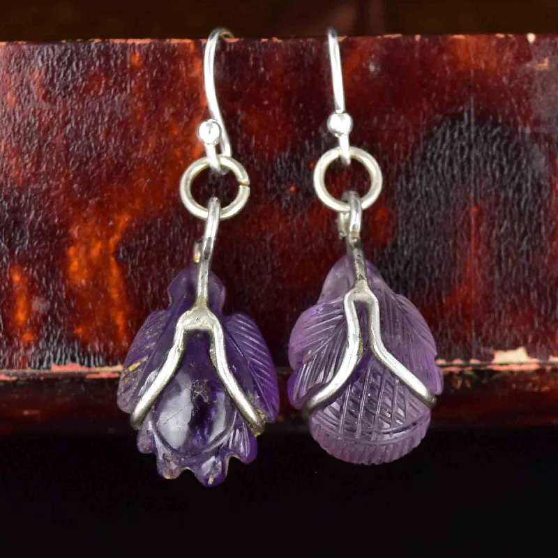 Overhand knot rings-Twine bead earrings-Silver Carved Amethyst Cabochon Bug Leaf Drop Earrings