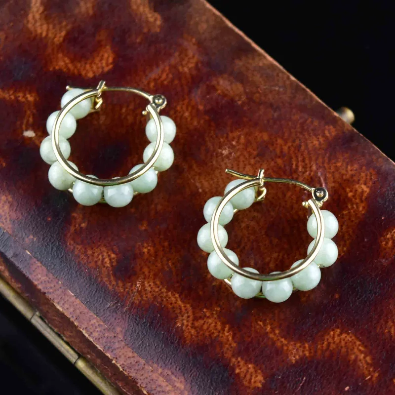 Glossy enamel earrings-Spirit eye earrings-Vintage 14K Gold Jade Ball Hoop Earrings