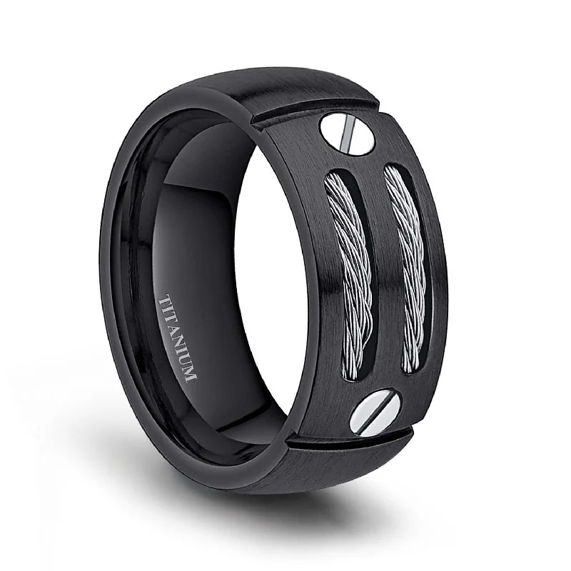 Black Titanium Cable Rings Mens Fashion Rings Comfort Fit