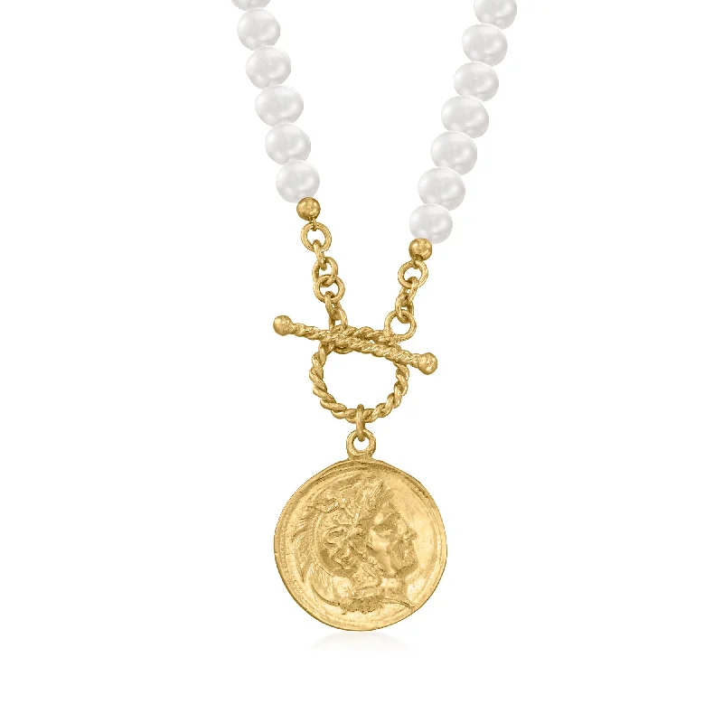 Yarn fringe necklaces-Ross-Simons 5.5-6mm Cultured Pearl and Replica Roman Coin Charm Necklace in 18kt Gold Over Sterling