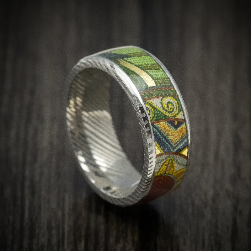 Damascus Steel Men's Ring with Kings Wild Project Robin Hood Playing Card Inlay Custom Made Band