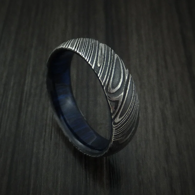 Kuro Damascus Steel Men's Ring with Hardwood Sleeve Custom Made Band