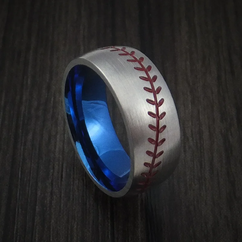 Titanium Baseball Men's Ring with Red Stitching and Anodized Sleeve Fan Band