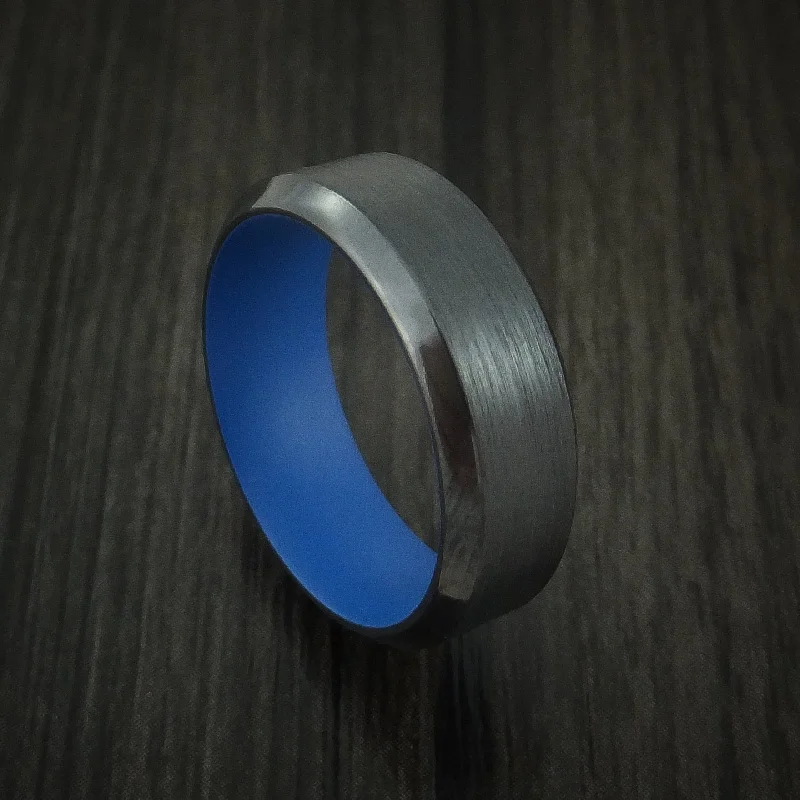 Black Zirconium Men's Ring with Ridgeway Blue Cerakote Sleeve Custom Made Band