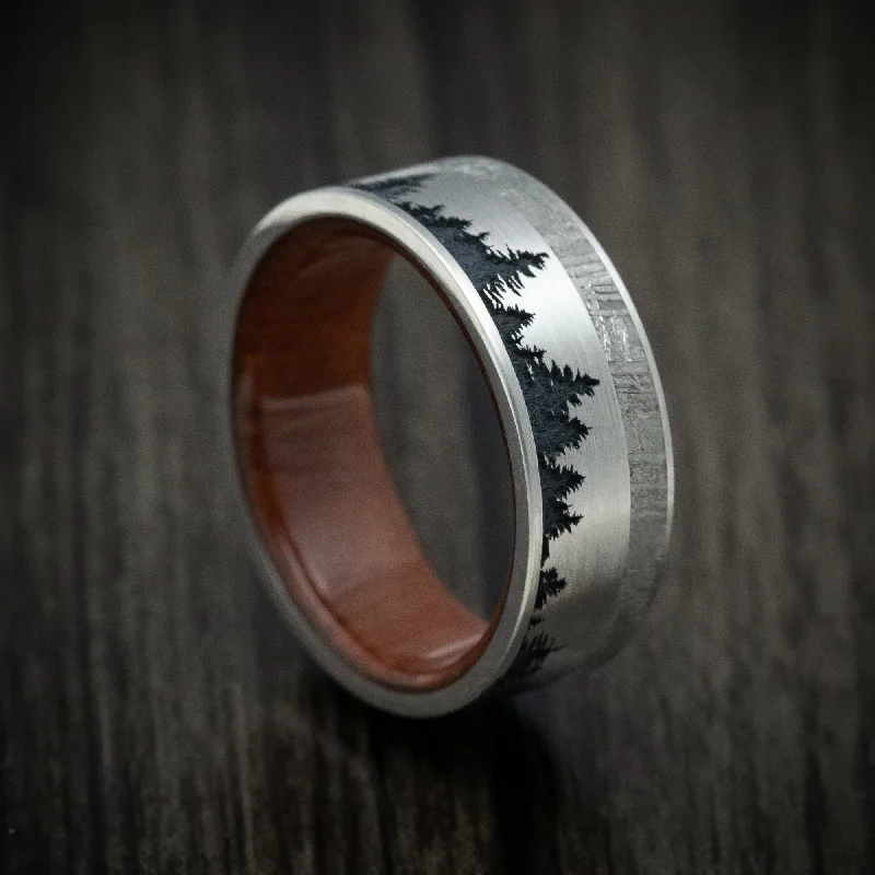 Titanium Men's Ring with Spruce Pine Tree Design, Wood Sleeve and Gibeon Meteorite Inlay Custom Made Band