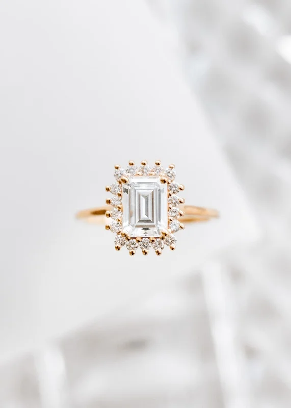 The Soleil Ring | 1.56ct Emerald Cut Moissanite | Rose Gold