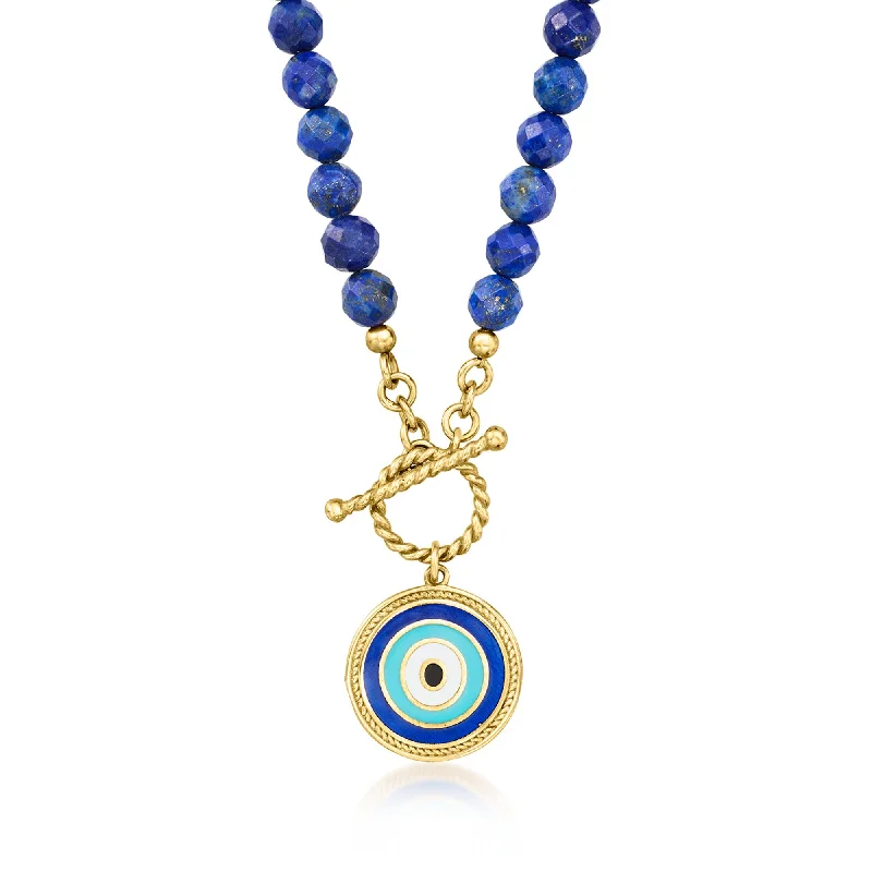 Raised bar necklaces-Ross-Simons 6mm Lapis Bead and Multicolored Enamel Evil Eye Toggle Necklace in 18kt Gold Over Sterling